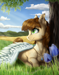 Size: 4417x5596 | Tagged: safe, artist:gaelledragons, oc, oc only, pegasus, pony, absurd resolution, cloud, female, flower, grass, mare, outdoors, prone, scenery, sky, smiling, solo, tree