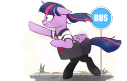 Size: 1024x650 | Tagged: safe, artist:j24262756, twilight sparkle, alicorn, pony, g4, bag, bus stop, clothes, cute, female, mare, moe, pantyhose, pleated skirt, ponytail, running, sign, skirt, skirt lift, solo, street, twilight sparkle (alicorn)