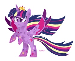 Size: 1280x1052 | Tagged: safe, artist:dingdingdi, twilight sparkle, alicorn, pony, g4, angry, colored wings, crown, female, frown, jewelry, multicolored hair, multicolored wings, rainbow power, regalia, simple background, solo, spread wings, twilight sparkle (alicorn), white background, wings