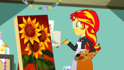 Size: 1280x720 | Tagged: safe, screencap, sunset shimmer, equestria girls, g4, my little pony equestria girls: summertime shorts, the art of friendship, apron, brush, clothes, easel, female, flower, happy, paint, painting, smiling, solo, sunflower, sunset's painting