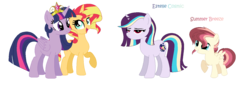 Size: 1360x484 | Tagged: safe, artist:pandemiamichi, sunset shimmer, twilight sparkle, oc, oc:estelle cosmic, oc:summer breeze, alicorn, pony, g4, base used, family, female, lesbian, magical lesbian spawn, offspring, parent:sunset shimmer, parent:twilight sparkle, parents:sunsetsparkle, ship:sunsetsparkle, shipping, simple background, transparent background, twilight sparkle (alicorn)