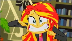 Size: 1546x881 | Tagged: safe, screencap, sunset shimmer, epic fails, equestria girls, g4, my little pony equestria girls: summertime shorts, faic, female, gritted teeth, looking at you, pointing, solo, teeth, wide eyes