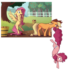 Size: 1620x1750 | Tagged: safe, artist:28gooddays, applejack, fluttershy, pinkie pie, earth pony, pegasus, pony, g4, apple, biting, breaking the fourth wall, cowboy hat, description is artwork too, description is relevant, female, floppy ears, food, fourth wall, fourth wall destruction, hat, mare, meta, mouth hold, open mouth, pinkie being pinkie, punchline in the description, simple background, spread wings, sweet apple acres, tail bite, transparent background, wide eyes, wings, worried