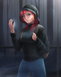 Size: 800x1000 | Tagged: safe, artist:vanillaghosties, sunset shimmer, human, equestria girls, g4, monday blues, my little pony equestria girls: summertime shorts, backpack, cellphone, clothes, female, hoodie, humanized, pants, phone, rain, solo, sweater, tree
