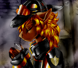 Size: 2742x2386 | Tagged: safe, artist:brainiac, oc, oc only, oc:rescue sunstreak, pony, badge, clothes, commission, eyes closed, firefighter, floppy ears, helmet, high res, lockers, male, solo, stallion