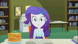 Size: 800x453 | Tagged: safe, rarity, sunset shimmer, epic fails, equestria girls, g4, my little pony equestria girls: summertime shorts, :o, animated, confused, cute, eating, female, frown, gif, humans doing horse things, nom, open mouth, raised eyebrow, shimmerbetes, smiling, sunset wants her old digestive system back