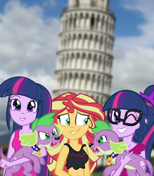 Size: 900x1027 | Tagged: dead source, safe, artist:wubcakeva, sci-twi, spike, spike the regular dog, sunset shimmer, twilight sparkle, dog, equestria girls, g4, barking, clothes, female, glasses, irl, italy, leaning tower of pisa, looking at you, one eye closed, photo, spike the dog, tank top, tower, twolight, wink