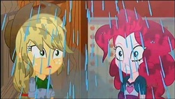 Size: 1546x881 | Tagged: safe, screencap, applejack, pinkie pie, epic fails, equestria girls, g4, my little pony equestria girls: summertime shorts, makeup, running makeup, wet clothes, wet hair