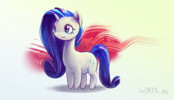 Size: 1200x690 | Tagged: safe, artist:incmyk, rarity, pony, g4, chibi, female, long neck, rarara, solo