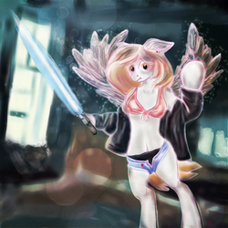 Size: 1080x1080 | Tagged: safe, artist:rupony, derpy hooves, pony, g4, black underwear, clothes, female, open fly, panties, pants, solo, sword, underwear, wardrobe malfunction, weapon