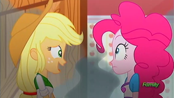 Size: 1391x785 | Tagged: safe, screencap, applejack, pinkie pie, epic fails, equestria girls, g4, my little pony equestria girls: summertime shorts, breasts, button-up shirt, clothes, cowboy hat, discovery family logo, female, freckles, hair, hat, kitchen, laughing, looking at each other, looking at someone, nervous, nervous smile, ponytail, shirt, smiling, steam, surprised, teenager, vest