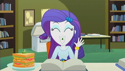 Size: 1400x795 | Tagged: safe, screencap, rarity, epic fails, equestria girls, g4, my little pony equestria girls: summertime shorts, food, grin, lettuce, library, smiling, teeth, waving