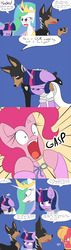 Size: 1600x5600 | Tagged: safe, artist:jake heritagu, big macintosh, pinkie pie, princess celestia, twilight sparkle, oc, oc:hades, alicorn, pony, comic:ask motherly scootaloo, g4, clothes, comic, dress, gasp, hades, ring, twilight sparkle (alicorn), wedding dress, wedding ring