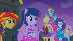 Size: 1920x1080 | Tagged: safe, screencap, applejack, fluttershy, pinkie pie, rainbow dash, rarity, sunset shimmer, twilight sparkle, equestria girls, g4, my little pony equestria girls, crying, fall formal outfits, female, humane five, humane six, ponied up, twilight sparkle (alicorn)