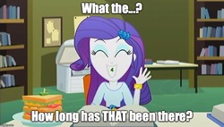 Size: 880x500 | Tagged: safe, edit, edited screencap, screencap, rarity, epic fails, equestria girls, g4, my little pony equestria girls: summertime shorts, female, grin, image macro, meme, smiling, solo, spinach, teeth, the emperor's new groove, yzma