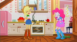 Size: 1400x775 | Tagged: safe, screencap, applejack, pinkie pie, epic fails, equestria girls, g4, my little pony equestria girls: summertime shorts, boots, discovery family logo, kitchen, laughing, shoes, smoke