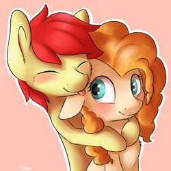 Size: 1024x1024 | Tagged: safe, artist:dbleki, bright mac, pear butter, earth pony, pony, g4, the perfect pear, blushing, eyes closed, female, hug, male, pink background, ship:brightbutter, shipping, simple background, straight, tongue out