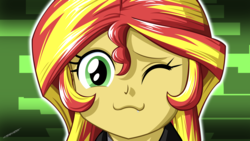 Size: 2560x1440 | Tagged: safe, artist:ngrycritic, sunset shimmer, equestria girls, g4, :3, clothes, cute, female, looking at you, one eye closed, shimmerbetes, smiling, solo, uotapo-ish, wink