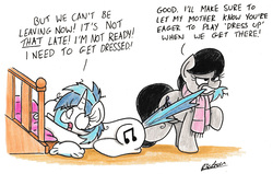 Size: 2343x1493 | Tagged: safe, artist:bobthedalek, dj pon-3, octavia melody, vinyl scratch, earth pony, pony, unicorn, g4, bed mane, biting, clothes, dialogue, female, gritted teeth, mare, messy mane, mouth hold, open mouth, pillow, scarf, shrunken pupils, tail, tail bite, tail pull, traditional art, unamused, wide eyes