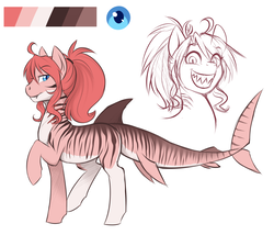 Size: 3251x2789 | Tagged: safe, artist:askbubblelee, oc, oc only, oc:fish, original species, pony, shark pony, cute, fangs, female, high res, looking at you, mare, ponysona, raised hoof, reference sheet, solo