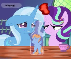 Size: 979x816 | Tagged: safe, artist:pokemonfan111, starlight glimmer, trixie, oc, oc:harmony star, alicorn, pony, unicorn, all bottled up, g4, alicorn oc, anger magic, bipedal, bottle, comic, cross-popping veins, cup, female, glowing horn, horn, magic, male, mare, micro, pony in a bottle, size difference, stallion, teacup, trapped, unamused, underhoof, watermark