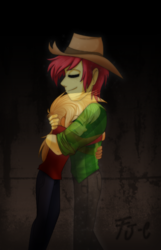Size: 581x900 | Tagged: safe, artist:fj-c, applejack, bright mac, ghost, undead, equestria girls, g4, the perfect pear, bright mac's ghost, clothes, cowboy hat, equestria girls-ified, eyes closed, father and child, father and daughter, female, hat, hug, male, pants, plaid shirt, smiling, spirit, stetson
