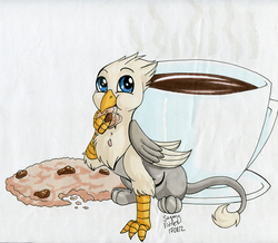 Size: 1000x870 | Tagged: safe, artist:sugaryviolet, oc, oc only, oc:der, griffon, coffee, cookie, food, micro, solo, that griffon sure "der"s love cookies