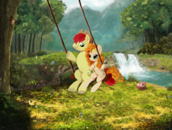 Size: 2500x1875 | Tagged: safe, artist:angryberry, bright mac, pear butter, earth pony, pony, g4, season 7, the perfect pear, animal, cottagecore, couple, cute, female, forest, male, mare, mountain, river, ship:brightbutter, shipping, stallion, straight, stream, swing, tree