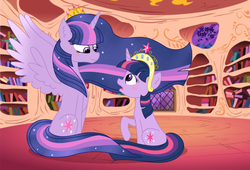 Size: 4392x2992 | Tagged: safe, artist:velveagicsentryyt, twilight sparkle, alicorn, pony, unicorn, g4, big crown thingy, element of magic, ethereal mane, female, future future twilight, golden oaks library, high res, jewelry, mare, older, older twilight, raised hoof, regalia, self ponidox, sitting, this will end in timeline distortion, twilight sparkle (alicorn), ultimate twilight, unicorn twilight