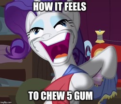 Size: 585x500 | Tagged: safe, edit, edited screencap, screencap, rarity, pony, unicorn, fame and misfortune, g4, 5 gum, caption, crying, faic, female, image macro, insanity, mare, meme, rarisnap, solo