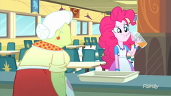 Size: 1280x720 | Tagged: safe, granny smith, pinkie pie, equestria girls, g4, my little pony equestria girls: summertime shorts, the art of friendship, drinking, juice, lunchlady smith