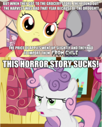 Size: 800x1000 | Tagged: safe, edit, edited screencap, screencap, apple bloom, sweetie belle, pony, unicorn, g4, one bad apple, caption, comic, female, filly, horror story, image macro, meme