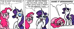 Size: 913x359 | Tagged: safe, artist:gingerfoxy, pinkie pie, rarity, earth pony, pony, unicorn, pony comic generator, g4, comic, derp, imitation, make it stop