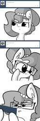 Size: 1650x4950 | Tagged: safe, artist:tjpones, oc, oc only, oc:brownie bun, earth pony, pony, horse wife, ask, chest fluff, comic, ear fluff, glasses, grayscale, hoof hold, monochrome, reading, simple background, solo, squint, tumblr, white background, zoolander