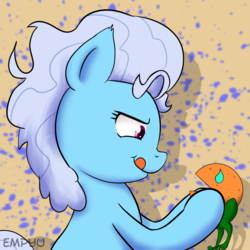 Size: 1000x1000 | Tagged: safe, artist:empyu, orange frog, screw loose, earth pony, pony, g4, abstract background, ear fluff, female, food, hungry, mare, profile, smiling, sweat, sweatdrop, tongue out