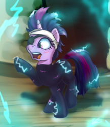 Size: 1040x1200 | Tagged: safe, artist:klemm, twilight sparkle, pony, g4, it's about time, atg 2017, bandana, clothes, eyepatch, female, future twilight, mare, newbie artist training grounds, scar, solo, time travel