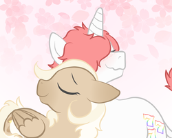 Size: 2000x1602 | Tagged: safe, artist:redarmies, oc, oc only, oc:beginners luck, oc:bookmark, classical unicorn, pegasus, pony, unicorn, cloven hooves, gay, horn, leonine tail, male, nuzzling, pink background, shipping, simple background, unshorn fetlocks