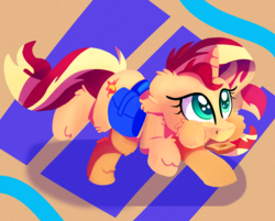 Size: 2000x1610 | Tagged: safe, artist:discorded, sunset shimmer, pony, unicorn, g4, atg 2017, bread, cute, female, food, mare, mouth hold, newbie artist training grounds, running late, saddle bag, shimmerbetes, solo, toast