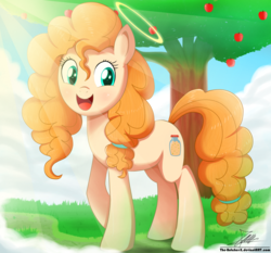 Size: 1871x1742 | Tagged: safe, artist:the-butch-x, pear butter, angel, earth pony, pony, g4, the perfect pear, apple tree, cloud, commission, cute, female, good end, grass, halo, heaven, mare, mother, open mouth, pearabetes, sky, smiling, solo, tree