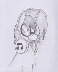 Size: 1672x2075 | Tagged: safe, artist:scribblepwn3, dj pon-3, vinyl scratch, pony, unicorn, g4, chest fluff, female, goggles, headphones, mare, monochrome, pencil drawing, solo, traditional art