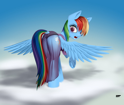 Size: 3000x2550 | Tagged: safe, artist:styroponyworks, rainbow dash, pegasus, pony, g4, black underwear, butt, clothes, cloud, dock, embarrassed, female, high res, looking back, mare, nightgown, open mouth, panties, plot, see-through, sky, solo, spread wings, underwear, wet, wet clothes, wings