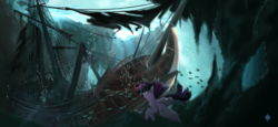 Size: 1820x840 | Tagged: dead source, safe, artist:noctilucent-arts, twilight sparkle, alicorn, fish, pony, g4, female, mare, scenery, shipwreck, smiling, solo, swimming, twilight sparkle (alicorn), underwater, water