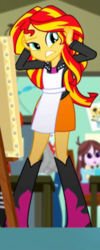 Size: 269x675 | Tagged: safe, screencap, sunset shimmer, thunderbass, velvet sky, equestria girls, g4, my little pony equestria girls: summertime shorts, the art of friendship, apron, clothes, cropped, solo focus