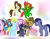 Size: 2000x1579 | Tagged: safe, artist:succubi samus, oc, oc only, oc:blue cloud, oc:bubble gust, oc:lucid heart, oc:moon pearl, oc:rainy storm, oc:rise n shine, oc:sky fire, oc:sweet brew, oc:yoru, bat pony, earth pony, pegasus, pony, unicorn, armor, cake, flying, food, magic, night guard, petting, simple background, smiling