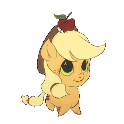 Size: 768x768 | Tagged: safe, artist:assasinmonkey, artist:mr square, edit, applejack, earth pony, pony, g4, :t, animated, apple, balancing, chibi, cowboy hat, cute, female, food, gif, hat, jackabetes, looking up, mare, simple background, smiling, solo, transparent background, walking