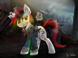 Size: 1707x1280 | Tagged: safe, artist:kaliner123, oc, oc only, oc:blackjack, pony, unicorn, fallout equestria, fallout equestria: project horizons, clothes, colored sclera, female, glowing, glowing eyes, gun, levitation, magic, mare, shooty look, signature, solo, telekinesis, weapon, yellow sclera