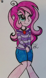 Size: 2076x3493 | Tagged: safe, artist:mlpshimmysunshine123, oc, oc only, oc:contralto, equestria girls, g4, clothes, cute, disguised siren, equestria girls-ified, female, high res, one eye closed, shorts, smiling, solo, wink