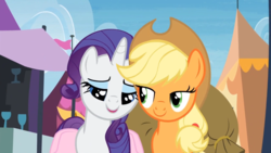 Size: 1280x720 | Tagged: safe, screencap, applejack, rarity, pony, g4, trade ya!, shipping fuel, snuggling