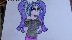 Size: 4032x2272 | Tagged: safe, artist:mlpshimmysunshine123, aria blaze, equestria girls, g4, my little pony equestria girls: rainbow rocks, arm behind back, clothes, female, high res, hoodie, pants, simple background, solo, traditional art