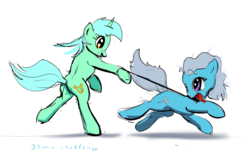 Size: 2000x1300 | Tagged: safe, artist:xbi, lyra heartstrings, screw loose, earth pony, pony, unicorn, g4, 30 minute art challenge, behaving like a dog, duo, duo female, female, leash, pet play, running